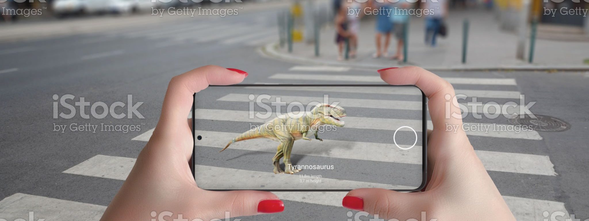 3d projection of dinosaurs on the street with smart phone and augmented technology concept
