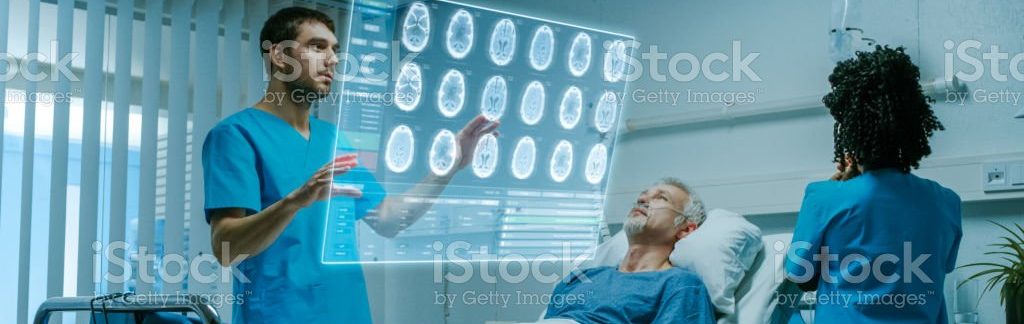 Futuristic Medical Ward with Sick Patient Lying in Bed. Doctor Using Augmented Reality Interface and Thinking about Brain Scans and Medical History of the Patient. Nurse Does Checkup